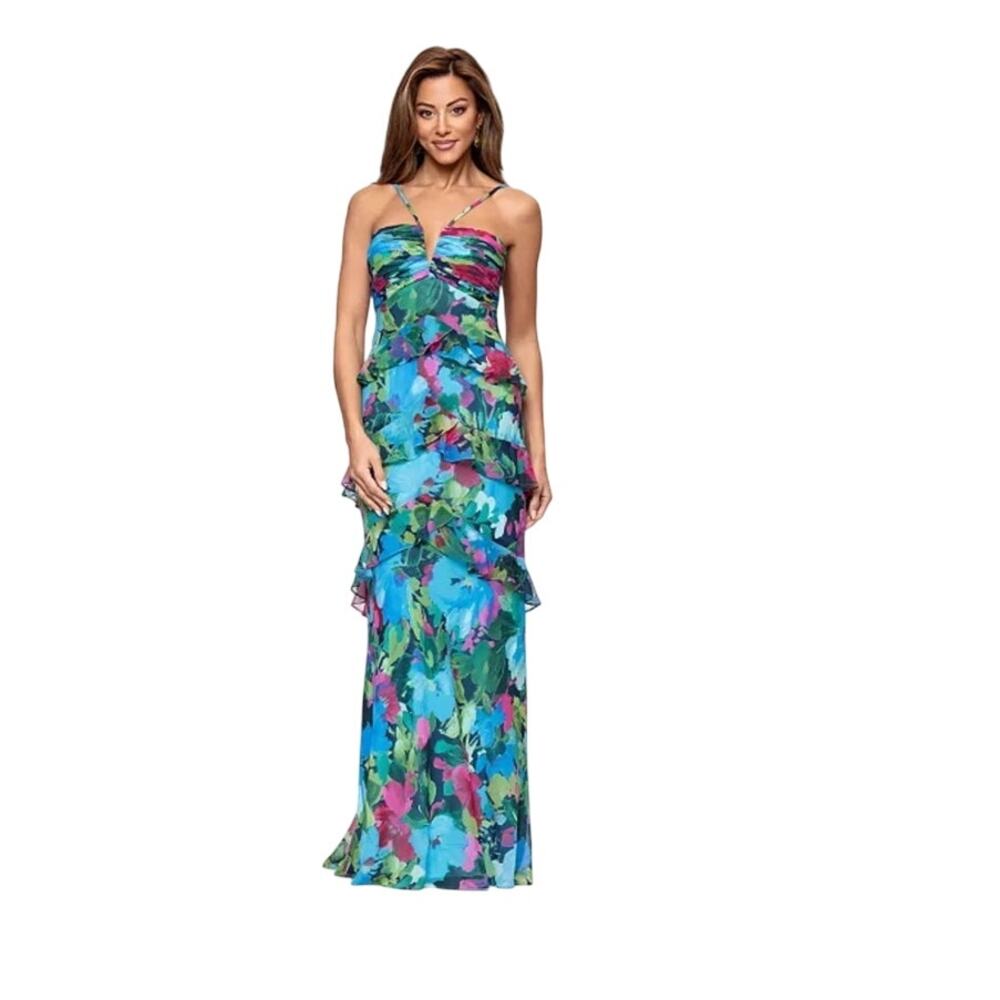 Xscape Evening floral blue tiered layered maxi dress gown 10
